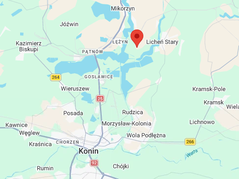 Mapa okolic Konina z zaznaczonym miejscem odbioru busa w Kępie